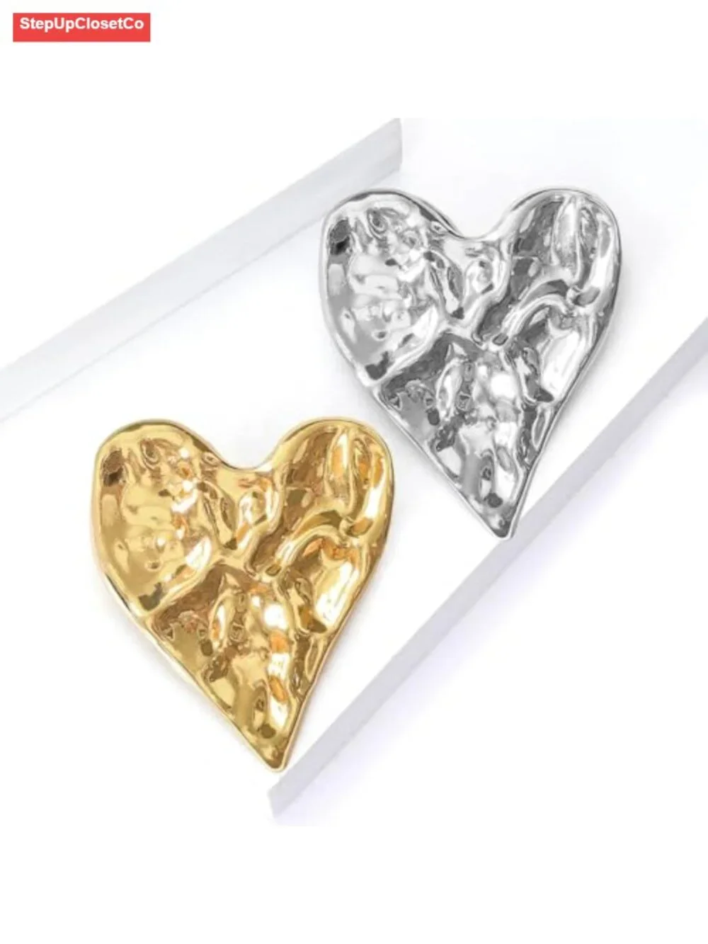 Irregular Hammered Chunky Heart Brooch Pin for Women, Lustrous Gold Finish